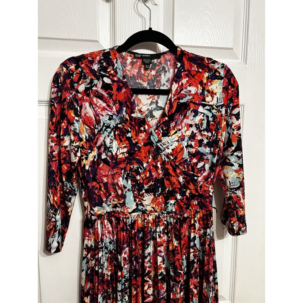 Maggy London dress 4P Wrap Drape Pleated Floral Print Long Sleeve V-Neck Stretch - Picture 2 of 8